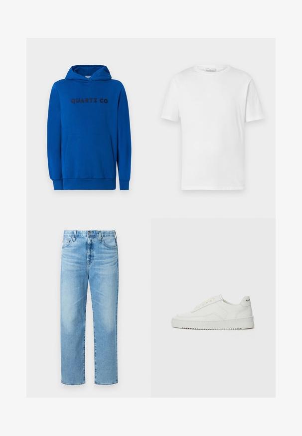 Blauwe hoodie van zacht materiaal, met een kangoeroezak, ribgebreide boorden en het logo "QUARTZ CO" in donkere letters op de voorkant gedrukt.; Witte t-shirt met korte mouwen van katoen. Heeft een ronde halslijn en een rechte zoom. Geen patronen of versieringen. Eenvoudig ontwerp.; Lichtblauwe denimjeans met een rechte pijp, voorzien van vijf zakken, een rits en een subtiele vervaagde textuur.; Witte leren sneaker met een gladde afwerking, ronde neus, platte veters en een gestructureerde zool. Kenmerkt zich door een subtiel logo op de hiel.