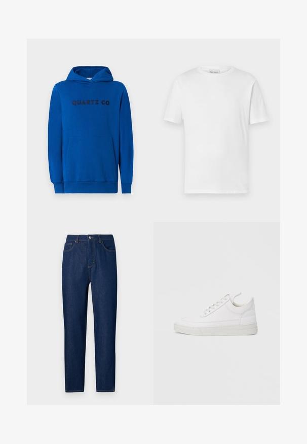 Blauer Hoodie aus weichem Stoff, mit einer Kängurutasche, gerippten Bündchen und dem auf der Vorderseite in dunklen Buchstaben aufgedruckten "QUARTZ CO"-Logo.; Weißes T-Shirt mit kurzen Ärmeln aus Baumwolle. Hat einen runden Halsausschnitt und einen geraden Saum. Keine Muster oder Verzierungen. Einfaches Design.; Les Benjamins Jeans Straight Leg - rinse wash; Weißer Ledersneaker mit abgerundetem Zehenbereich, flacher Sohle und Schnürverschluss. Verfügt über Nahtdetails und einen gepolsterten Kragen für zusätzlichen Komfort.