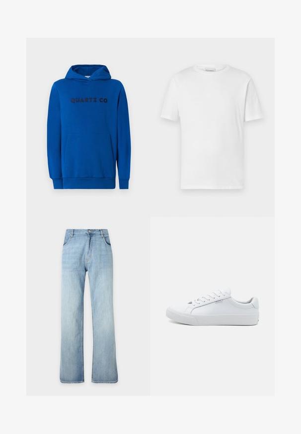 Blauwe hoodie van zacht materiaal, met een kangoeroezak, ribgebreide boorden en het logo "QUARTZ CO" in donkere letters op de voorkant gedrukt.; Witte t-shirt met korte mouwen van katoen. Heeft een ronde halslijn en een rechte zoom. Geen patronen of versieringen. Eenvoudig ontwerp.; Lichtblauwe rechte denim jeans met voorknopen en rits, voorzakken en riemlussen, getoond tegen een effen achtergrond.; Witte leren sneakers met een gladde afwerking, laagmodel ontwerp, ronde neus en platte rubberen zool. Voorzien van platte veters en minimale merkpresentatie.