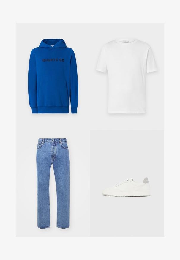 Blauwe hoodie van zacht materiaal, met een kangoeroezak, ribgebreide boorden en het logo "QUARTZ CO" in donkere letters op de voorkant gedrukt.; Witte t-shirt met korte mouwen van katoen. Heeft een ronde halslijn en een rechte zoom. Geen patronen of versieringen. Eenvoudig ontwerp.; Won Hundred STEVE - Relaxed fit jeans - cut blue; Witte lage sneaker met grijze hielpatch, witte veters en een gestructureerde zool, gepresenteerd op een effen lichte achtergrond.