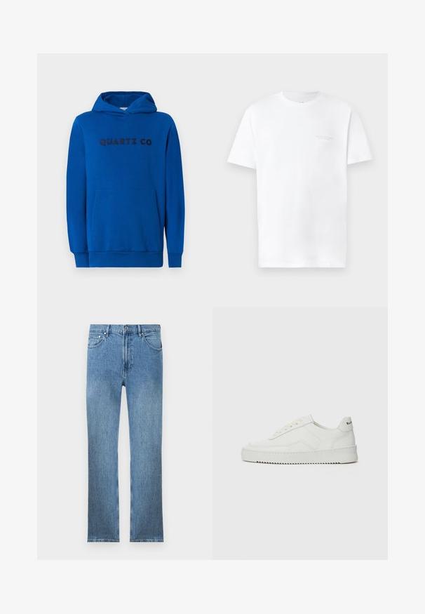 Blauer Hoodie aus weichem Stoff, mit einer Kängurutasche, gerippten Bündchen und dem auf der Vorderseite in dunklen Buchstaben aufgedruckten "QUARTZ CO"-Logo.; Weißes Baumwoll-T-Shirt mit kurzen Ärmeln, Rundhalsausschnitt, mit subtiler grauer Logodruck auf der linken Brustseite und glatter Textur.; Hellblaue Jeans aus Denim mit geradem Schnitt, fünf Taschen, einem Reißverschluss und kontrastierender Naht. Der Stoff hat eine glatte, strukturierte Oberfläche.; Weiße Ledersneaker mit glatter Oberfläche, runder Zehenpartie, flachen Schnürsenkeln und strukturiertem Sohlenprofil. Mit einem dezenten Logo an der Ferse.