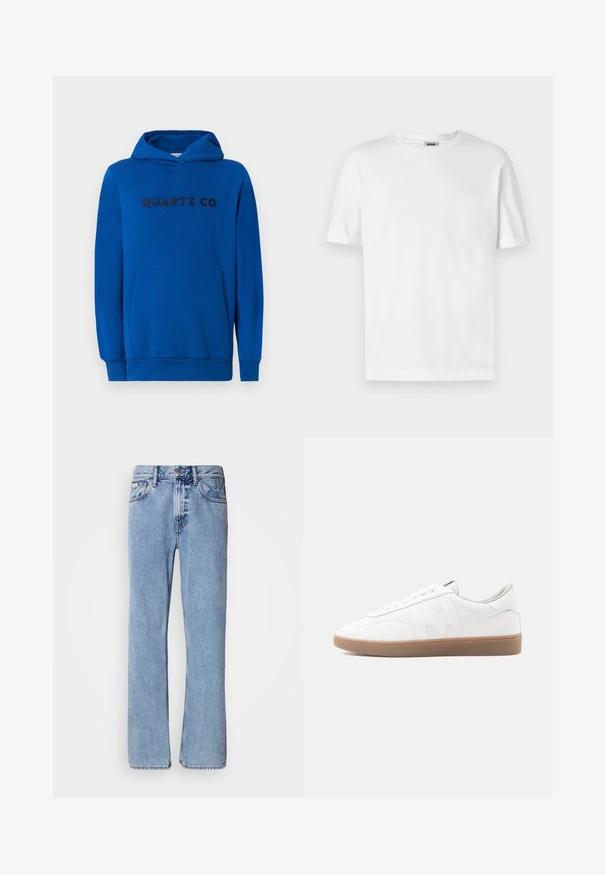 Sudadera azul hecha de una tela suave, con un bolsillo tipo canguro, puños acanalados y el logotipo "QUARTZ CO" impreso en la parte frontal en letras oscuras.; Camiseta de algodón blanca con cuello redondo, mangas cortas y puños enrollados; diseño sin adornos, textura suave y corte recto.; Jeans de mezclilla azul claro con un diseño de pierna recta, cinco bolsillos y cierre de botón. Detalles de costura cerca de los bolsillos y la cintura.; Zapatilla blanca de corte bajo con suela de goma color caramelo, superposiciones cosidas y cierre de cordones sobre fondo neutro.