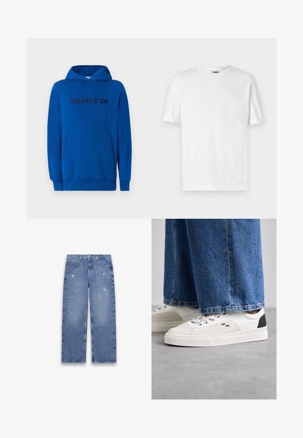 Blauwe hoodie van zacht materiaal, met een kangoeroezak, ribgebreide boorden en het logo "QUARTZ CO" in donkere letters op de voorkant gedrukt.; Witte katoenen t-shirt met een ronde hals, korte mouwen en omgeslagen mouwen; ongecompliceerd ontwerp, zachte textuur en rechte snit.; Blauwe rechte spijkerbroek met lichte slijtage, ontwerp met vijf zakken, knoop- en ritssluiting, plat gelegd op een witte achtergrond weergegeven.; Witte en zwarte sneakers met een glad leren bovenwerk, textuuraccenten en een chunky witte zool. Heeft een klassiek vetersluiting ontwerp.