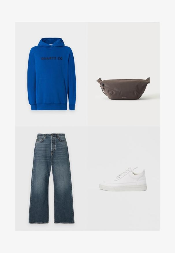 Blå hættetrøje lavet af blødt stof, med en kængurulomme, ribbede manchetter og "QUARTZ CO" logo trykt på forsiden i mørke bogstaver.; Højtaljede, brede ben blå jeans med forlommer, bælteløkker og knaplukning, lavet af medium-vasket denim.; Hvid lædersneaker med rundet tå, flad sål og snørebånd foran. Har syningsdetaljer og polstret krave for komfort.; Mørkebrun stof talje taske med diagonalt lynlåslomme og lille hvidt logo på fronten, sat mod en ensfarvet lys baggrund.