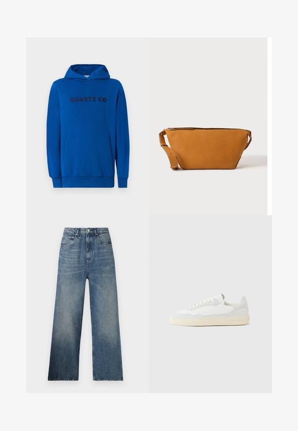 Blauer Hoodie aus weichem Stoff, mit einer Kängurutasche, gerippten Bündchen und dem auf der Vorderseite in dunklen Buchstaben aufgedruckten "QUARTZ CO"-Logo.; Blaue Denim-Hosen mit weitem Bein und hohem Bund, mit subtilen Verfärbungen, fünf Taschen und einem Metallknopfverschluss vorne.; Weißer Sneaker mit strukturiertem Obermaterial aus Wildleder und Leder. Verfügt über eine runde Zehenpartie, Schnürverschluss und eine kontrastierende beige Gummisohle.; Hellbraune Leder-Umhängetasche mit verstellbarem Schulterriemen und Reißverschluss, vor einem schlichten hellen Hintergrund gezeigt.