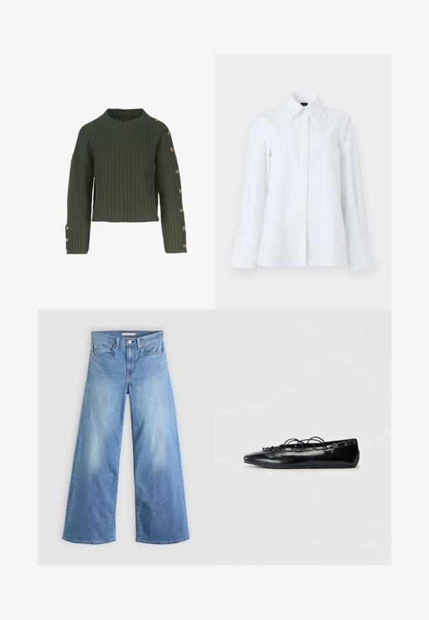 Grøn ribbet sweater med bådudskæring, cropped design og lange ærmer, der har guldknapper langs venstre side.; Hvid langærmet skjorte med spidst krave, knaplukning foran og lige kant. Lavet af glat stof uden mønstre eller detaljer.; Lyseblå vidbenede jeans lavet af denim, med høj talje, lynlås og knaplukning foran samt klassisk fem-lomme design.; Sort spids flad sko med snørebånd foran og øjet detaljer langs kanterne, vist på en hvid baggrund.