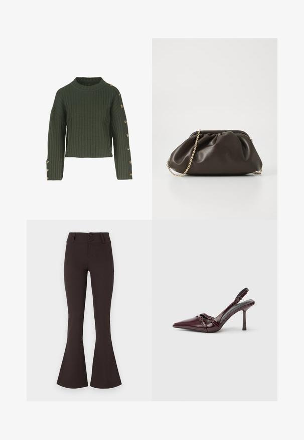 Grøn ribbet sweater med bådudskæring, cropped design og lange ærmer, der har guldknapper langs venstre side.; Brune flared bukser lavet af strækbart stof. Har høj talje med to knapper og en glat overflade. Ingen mønstre eller udsmykninger.; Bourgogne laklæder slingback-hæl med spids tå, tynd ankelrem og lille dekorativ spænde. Glat tekstur og høj hæl.; Brun læderhandtaske med en sammensnøring, guld kædestrop og blød, struktureret overflade. Kompakt form velegnet til aftensbrug.