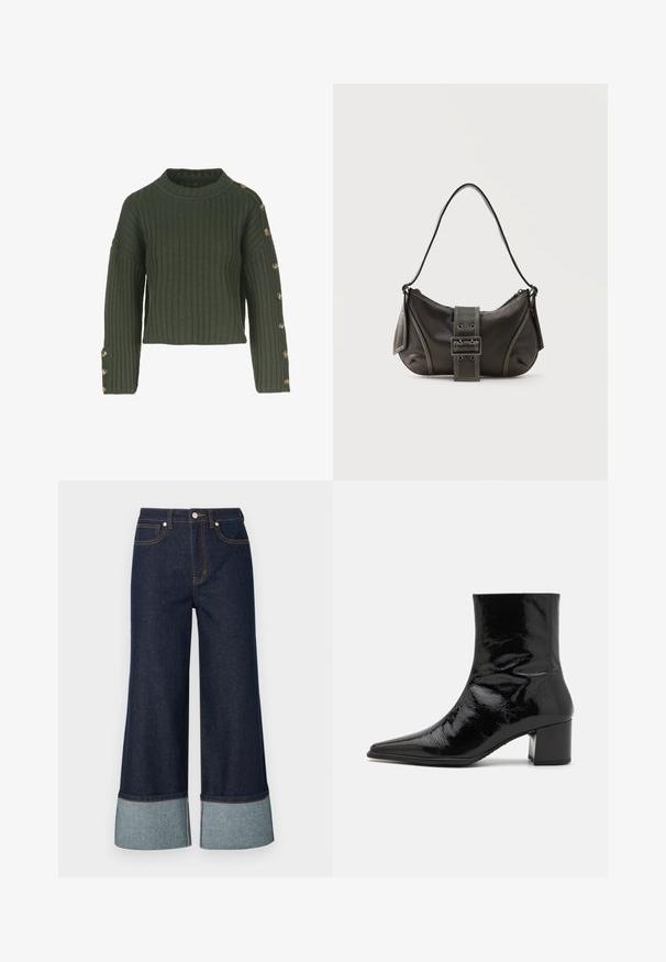Groene geribde trui met een bootcollar, cropped ontwerp en lange mouwen met gouden knopen aan de linkerkant.; Brede jeans van donker denim, met een lichtere denim omslag. Het ontwerp omvat voorzakken en contrasterende stiksels.; Zwarte gepatineerde leren enkelboot met een spitse neus, gestructureerde bovenkant en een chunky hak. Beschikt over een gladde, glanzende textuur.; Zwarte leren schoudertas met gespsluiting aan de riem, afgeronde hoeken en contrasterende witte stiksels op een effen achtergrond.