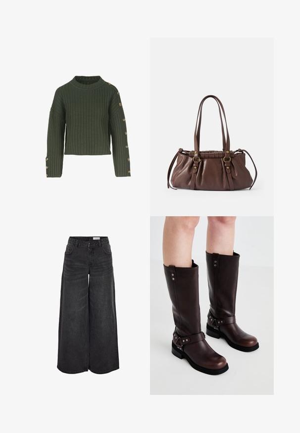 Groene geribde trui met een bootcollar, cropped ontwerp en lange mouwen met gouden knopen aan de linkerkant.; Zwarte denim broek met wijde pijpen en hoge taille, voorzien van voorzakken en een subtiele textuur; ontworpen voor een ontspannen pasvorm.; Bruine leren kniehoge laarzen met een gladde textuur, voorzien van een brede band en driehoekige hardware-accenten, met platte rubberen zolen.; Bruine leren handtas met twee lange handvatten,Gathered ontwerp, gouden hardware accenten en een gestructureerde afwerking.