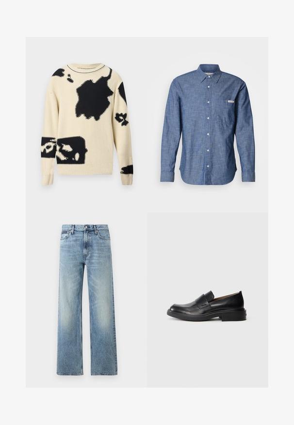 Pull en maille crème à manches longues avec des grandes taches abstraites noires irrégulières dispersées sur le devant et les manches.; Chemise bleue à manches longues avec boutons, en tissu léger et texturé. Elle présente une poche sur le côté gauche de la poitrine et une petite étiquette logo. Les boutons sont de couleur claire.; Jean droit en denim bleu clair avec taille haute, cinq poches, fermeture à boutons et léger délavage sur les cuisses et les genoux.; Chaussure habillée noire en cuir, à enfiler, avec un petit talon et un logo Calvin Klein discret sur le côté, présentée de profil sur un fond blanc.
