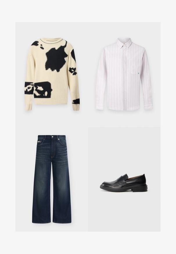 Pull en maille crème à manches longues avec des grandes taches abstraites noires irrégulières dispersées sur le devant et les manches.; Chemise à manches longues, rose clair, boutonnée, avec des rayures verticales blanches et une poche poitrine ornée d'un petit logo vert. Tissu en coton, col classique.; Jean en denim bleu foncé à jambes larges avec poches avant, passants de ceinture, fermeture par boutons et légère décoloration sur les cuisses et les genoux.; Chaussure habillée noire en cuir, à enfiler, avec un petit talon et un logo Calvin Klein discret sur le côté, présentée de profil sur un fond blanc.