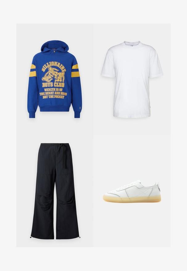 Blaue Kapuzenjacke mit einem Frontgrafikmotiv, das Astronauten zeigt. Gelbe Streifen an den Ärmeln und begleitender Text in Gelb. Weicher Stoff, Kängurutasche.; Weißes Baumwoll-T-Shirt mit Rundhalsausschnitt, kurzen Ärmeln und geradem Saum. Auf der linken Seitennaht befindet sich ein kleines Markenzeichen.; Schwarze, weit geschnittene Hose aus leichtem Stoff. Verfügt über einen Gürtel, zwei große Seitentaschen und verstellbare Säume mit Kordelzug.; Weißer flacher Ledersneaker mit beiger durchsichtiger Sohle, Schnürung vorne und minimalen Nähten, seitlich auf schlichtem Hintergrund gezeigt.