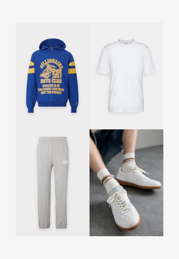 Blaue Kapuzenjacke mit einem Frontgrafikmotiv, das Astronauten zeigt. Gelbe Streifen an den Ärmeln und begleitender Text in Gelb. Weicher Stoff, Kängurutasche.; Weißes Baumwoll-T-Shirt mit Rundhalsausschnitt, kurzen Ärmeln und geradem Saum. Auf der linken Seitennaht befindet sich ein kleines Markenzeichen.; Graue Baumwoll-Sweatpants mit elastischem Bund und zulaufenden Beinen. Besitzt ein weißes Logo auf dem linken Oberschenkel. Glatte Textur.; Weiße Ledersneaker mit glatter Textur, grauen Wildlederelementen, beigen Gummisohlen und flachen Schnürsenkeln. Kombiniert mit cremefarbenen und braun gestreiften Socken.