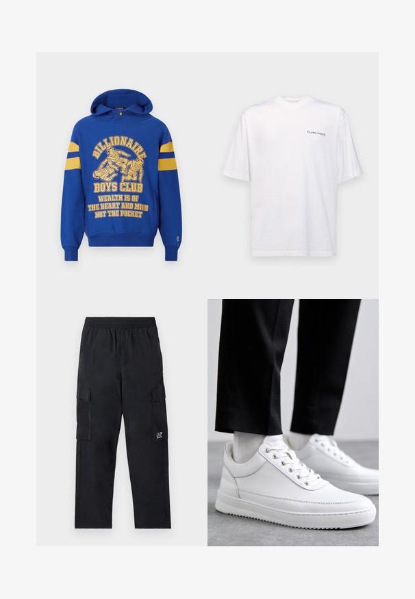 Sweat à capuche bleu avec un graphisme sur le devant représentant des astronautes. Rayures jaunes sur les manches et texte assorti en jaune. Tissu doux, poche kangourou.; T-shirt blanc à manches courtes en coton avec un col en V, présentant un logo noir "FILLING PIECES" imprimé sur le côté gauche.; Pantalons cargo noirs avec une taille élastique, poches latérales et un petit logo sur la jambe gauche. Fabriqués en tissu léger et lisse.; Baskets blanches en cuir avec une semelle en caoutchouc plat, présentant une finition lisse, un bout rond et des œillets en métal pour les lacets. Portées avec un pantalon noir.