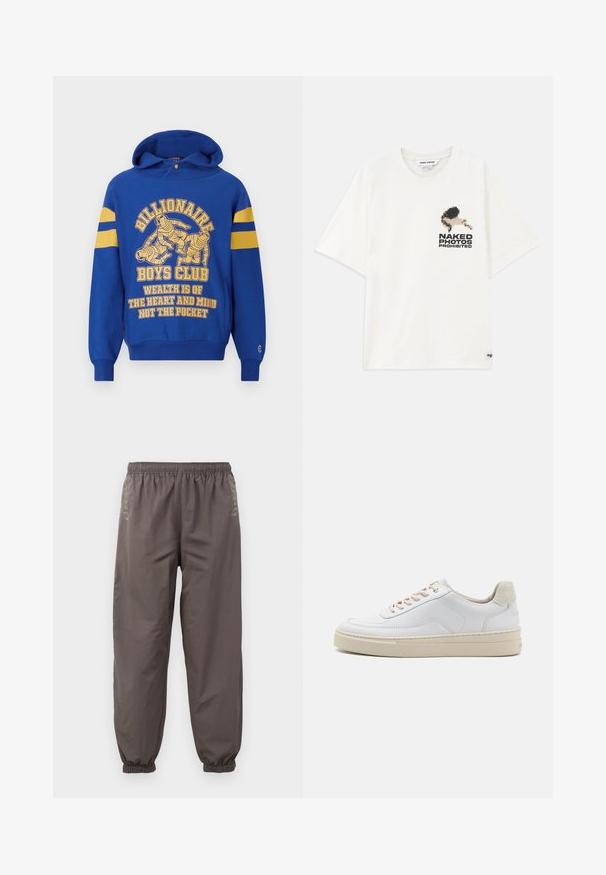 Blaue Kapuzenjacke mit einem Frontgrafikmotiv, das Astronauten zeigt. Gelbe Streifen an den Ärmeln und begleitender Text in Gelb. Weicher Stoff, Kängurutasche.; Weißes Baumwoll-T-Shirt mit einem pixelierten Grafik eines Charakters und dem Text "NAKED PHOTOS PROHIBITED" auf der linken Seite. Kurze Ärmel.; Dunkelgraue, elastische Hosen mit lockerer Passform. Mit gerafften Bündchen und dezentem Stickerei an den Seiten. Leichter Stoff.; Weiße Sneaker mit einem glatten Lederobermaterial, beigen Schnürsenkeln und einer strukturierten, beigen Wildleder-Fersenschlaufe. Erhöhte Sohle für zusätzlichen Komfort.