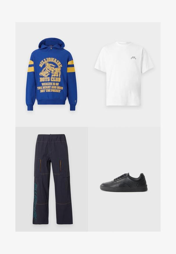 Blaue Kapuzenjacke mit einem Frontgrafikmotiv, das Astronauten zeigt. Gelbe Streifen an den Ärmeln und begleitender Text in Gelb. Weicher Stoff, Kängurutasche.; Weißes kurzärmeliges Baumwoll-T-Shirt mit kleinem schwarzen "A C W"-Logo und Klammerdesign auf der linken Brust.; Marineblaue Cargo-Hose mit elastischem Bund, seitlichen Klappentaschen mit oranger Innenverkleidung und türkisfarbenem "DELL'ORTO"-Schriftzug am linken Bein.; Schwarze Leder-Sneaker mit glatter Oberfläche, abgerundeter Zehenpartie, strukturiertem Seitenpaneel und schwarzen Schnürsenkeln. Verfügt über eine flache Gummisohle und ein minimalistisches Design.