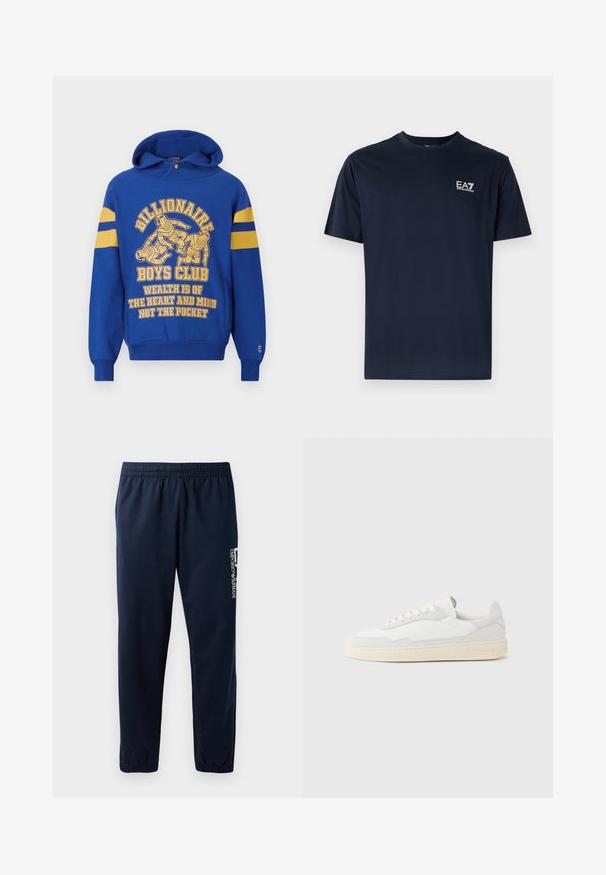 Blaue Kapuzenjacke mit einem Frontgrafikmotiv, das Astronauten zeigt. Gelbe Streifen an den Ärmeln und begleitender Text in Gelb. Weicher Stoff, Kängurutasche.; Navyblaue Baumwoll-T-Shirt mit kurzen Ärmeln, Rundhalsausschnitt und EA7-Logo auf der oberen linken Seite in Weiß. Glatte Textur, lässiges Design.; Marineblaues Sweatpants mit elastischem Bund, zulaufenden Beinen und einem weißen Logo an der Seite. Glattes Gewebe mit leichter Textur.; Weißer Sneaker mit strukturiertem Obermaterial aus Wildleder und Leder. Verfügt über eine runde Zehenpartie, Schnürverschluss und eine kontrastierende beige Gummisohle.
