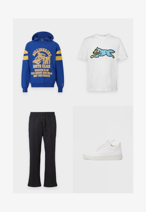 Blaue Kapuzenjacke mit einem Frontgrafikmotiv, das Astronauten zeigt. Gelbe Streifen an den Ärmeln und begleitender Text in Gelb. Weicher Stoff, Kängurutasche.; Weißes Baumwoll-T-Shirt mit einem blauen, cartoonartigen Kater mit gelbem Gesicht und scharfen Zähnen, der in einer springenden Pose dargestellt ist.; Schwarze Sweatpants mit einem ausgestellten Bein-Design, ausgestattet mit zwei seitlichen Reißverschlusstaschen und einem verstellbaren Kordelzugbund. Glatte Textur und minimale Markenkennzeichnung.; Weißer Ledersneaker mit abgerundetem Zehenbereich, flacher Sohle und Schnürverschluss. Verfügt über Nahtdetails und einen gepolsterten Kragen für zusätzlichen Komfort.
