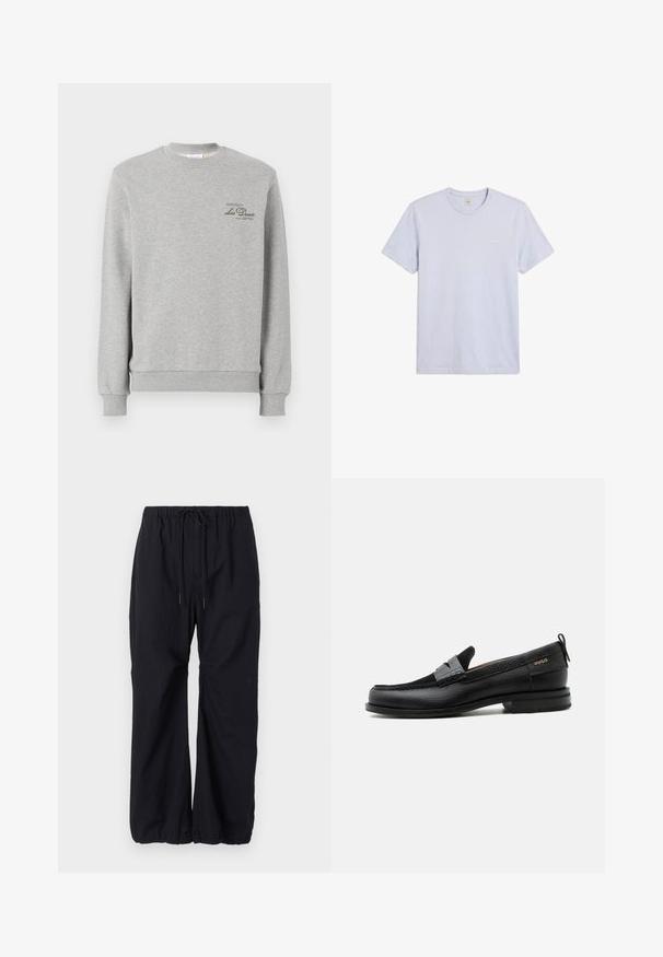 Grå sweatshirt lavet af blød bomuldsblanding, med rund hals, ribbede manchetter og et lille mørkegrønt logo på brystet.; Enkel lysegrå T-shirt med korte ærmer og rund hals, med lille hvid Calvin Klein-logo på venstre bryst.; Sorte, løst siddende bukser lavet af letvægtsstof, med en elastisk talje med snøre og samlede manchetter ved anklerne.; Sort læderloafer med grå remdetalje, lav hæl og tekstureret sål, mærket med "HUGO" i guld på siden.