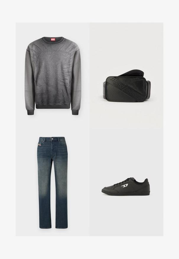 Sweat-shirt Diesel gris foncé avec un graphisme en relief d'une coiffe amérindienne et poignets et ourlet côtelés.; Jean en denim bleu à jambe droite avec lavage délavé, fermeture avant par bouton et fermeture éclair, et design à cinq poches.; Baskets synthétiques noires avec une semelle noire texturée, un bout rond et des lacets plats noirs. Logo blanc remarquablement placé sur le côté extérieur.; Ceinture noire présentant un design texturé avec un logo en relief bien visible. Le matériau semble lisse avec une finition en cuir.