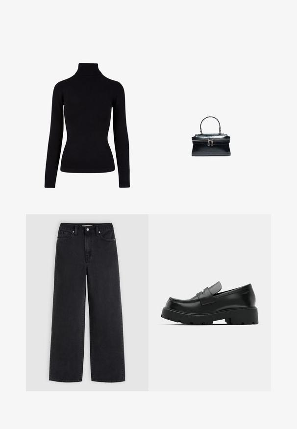 Sort rullekrave sweater lavet af blødt strikkemateriale, med lange ærmer og ribbede detaljer ved halsen og kanten. Tætsiddende design.; Sorte jeans med vide ben med frontknap og lynlås, bæltestropper og fem-lommer-design på en lysegrå baggrund.; Sorte læder loafers med en chunky tekstureret sål, der har en rem over vamps og en glat, poleret finish.; Sort læderhåndtaske med topgreb, krokodillestruktur og dobbeltrynet lukning i midten.