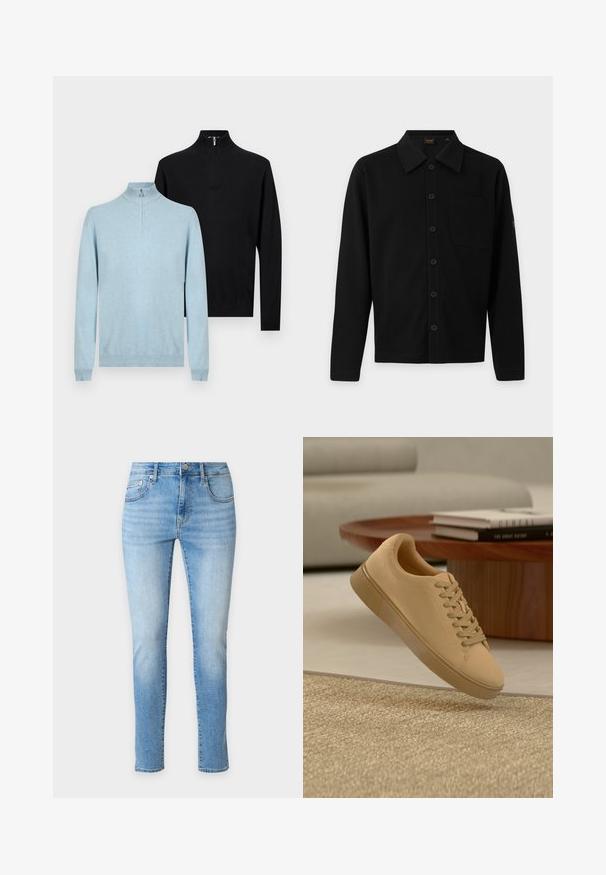 Deux pulls à manches longues avec demi-fermeture éclair, un bleu clair à l'avant et un noir derrière, présentés sur un fond clair uni.; Chemise noire à manches longues avec boutons, col et poche poitrine, présentée à plat sur un fond gris clair.; Jean slim bleu clair avec poches avant et arrière, fermeture par bouton et légère décoloration au niveau des cuisses et des genoux.; Baskets beiges à lacets flottant au-dessus d'un tapis texturé avec une table basse en bois et des livres empilés en arrière-plan flou.