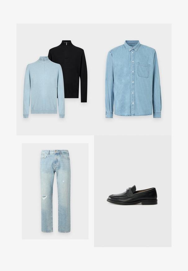 Deux pulls à manches longues avec demi-fermeture éclair, un bleu clair à l'avant et un noir derrière, présentés sur un fond clair uni.; Chemise en denim bleu clair à manches longues avec col boutonné, poche poitrine avant, et boutons blancs au centre et aux poignets.; Jean en denim bleu clair, coupe droite, taille haute, avec fermeture par bouton et zip, poches avant et arrière, et détails usés sur la jambe gauche.; Mocassins en cuir noir avec une finition lisse, dotés d'une bande supérieure texturée, d'un talon bas et de détails de couture minimalistes.