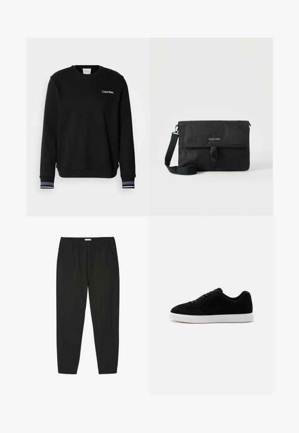 Zwarte sweatshirt gemaakt van een katoenmix, met een ronde halslijn, lange mouwen en contrasterende gestreepte boorden. Logo weergegeven op de borst.; Zwarte broek met elastische taille, rechte pijpen en zijzakken, ontworpen voor casual of professioneel gebruik.; Zwarte lage sneaker met veterluiting aan de voorkant, subtiel "ck"-logo aan de zijkant en dikke witte rubberen zool op een effen lichte achtergrond.; Zwarte Calvin Klein messenger bag met verstelbare schouderriem en klep aan de voorkant die met een gesp is vastgemaakt, afgebeeld tegen een effen achtergrond.
