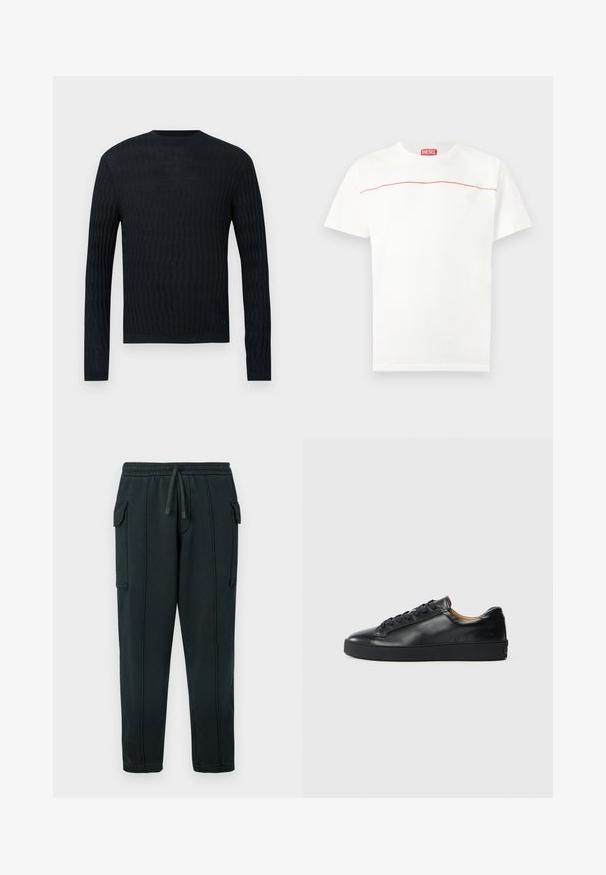 Pull tricoté bleu marine avec une texture ondulée, manches longues et col rond. Présente un ourlet et des poignets côtelés pour un ajustement sûr.; T-shirt Diesel blanc à manches courtes avec une fine ligne rouge traversant la poitrine et une étiquette logo Diesel rouge au niveau de l'encolure.; Pantalon de survêtement noir avec taille à cordon, poches latérales, détail poche cargo et coutures visibles. Tissu doux avec une coupe décontractée.; Baskets en cuir noir avec une texture lisse, bout rond et fermeture à lacets. Comprend une semelle en caoutchouc épaisse et un minimum de détails de marque.