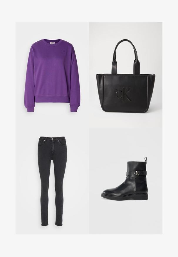 Lilla bomulds sweatshirt med rund hals og ribbede manchetter. Har et diskret broderet logo på brystet og en afslappet pasform.; Sorte slim-fit denim jeans med forknap, lynlås, bæltestropper og fem-lomme stil.; Sort læder ankelstøvle med flad sål, der har en sidelås og detalje med sølvfarvet CK-logo. Glat overflade og strømlinet design.; Sort læder tote bag med to håndtag; har præget "cK" logo; rektangulær form; glat tekstur; minimalistisk design.