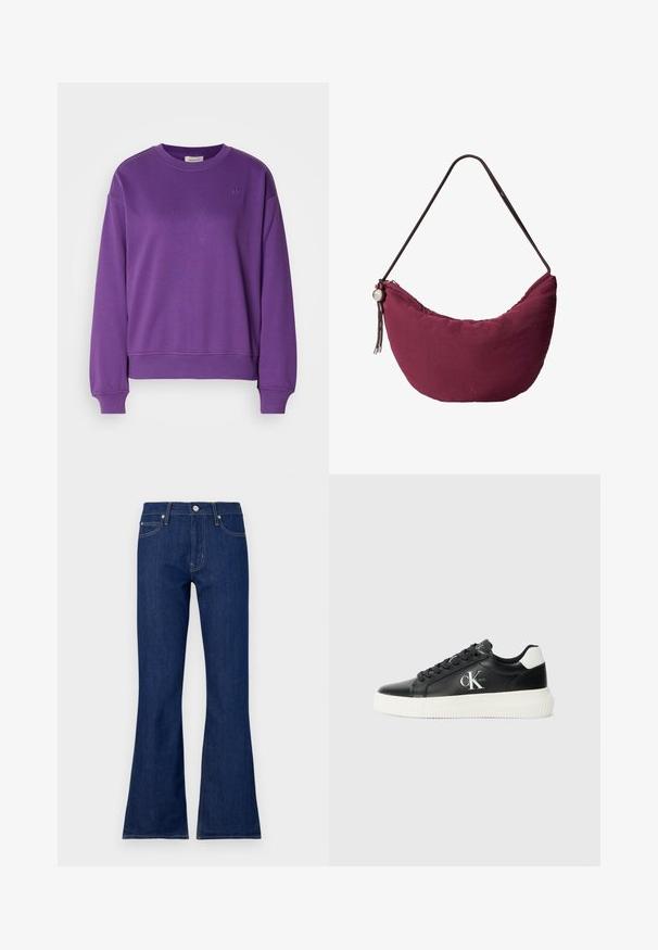 Lilla bomulds sweatshirt med rund hals og ribbede manchetter. Har et diskret broderet logo på brystet og en afslappet pasform.; Mørkeblå bootcut jeans med klassisk knap- og lynlåslukning, fem lommer og kontrastsyet detaljer. Fremstillet af denimstof.; Sorte læder sneakers med lavt design og hvid gummisål, rund tå, flade snørebånd og prægede logo detaljer på siden. Kontrasterende hælaccent.; Lille skuldertaske i bordeaux med halvmåneform, tynd rem, lynlås og dekorativ rund perle på den ene side.