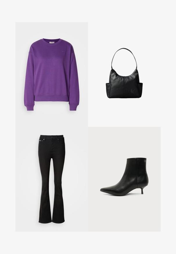 Lila Baumwoll-Sweatshirt mit Rundhalsausschnitt und gerippten Bündchen. Mit einem dezenten gestickten Logo auf der Brust und einem lockeren Schnitt.; Schwarze Schlagjeans aus Denim, mit hoher Taille, Fünf-Taschen-Design und dezenten Nähdetails. Glatte Textur in einfarbig.; Schwarzer Leder-Knöchel-Stiefel mit spitzer Spitze und niedrigem Kittenabsatz vor hellem Hintergrund, seitliche Ansicht.; Schwarze Leder-Umhängetasche mit einem einzelnen Schulterriemen, Seitentaschen und einem dezent geprägten Calvin Klein-Logo vorne unten rechts.