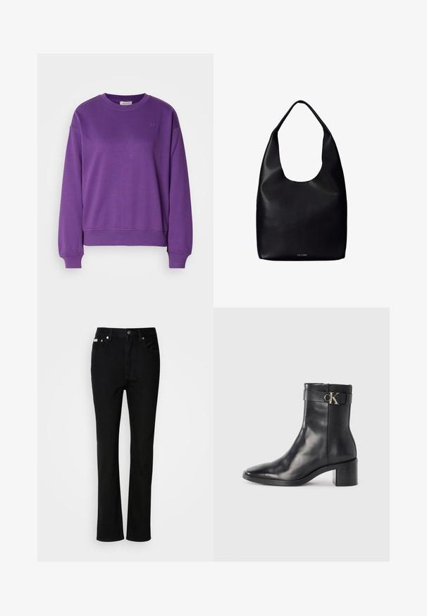 Lilla bomulds sweatshirt med rund hals og ribbede manchetter. Har et diskret broderet logo på brystet og en afslappet pasform.; Sorte lige ben jeans med frontknap og lynlås, belteklip og fem-lomme design.; Sort læder ankelstøvle med spids tå, blokhæl og en rem med en metallisk logo detalje. Glat tekstur og minimalistisk design.; Sort læder shoppertaske med en bred enkelt skulderrem og et subtilt Calvin Klein-logo nederst i midten.