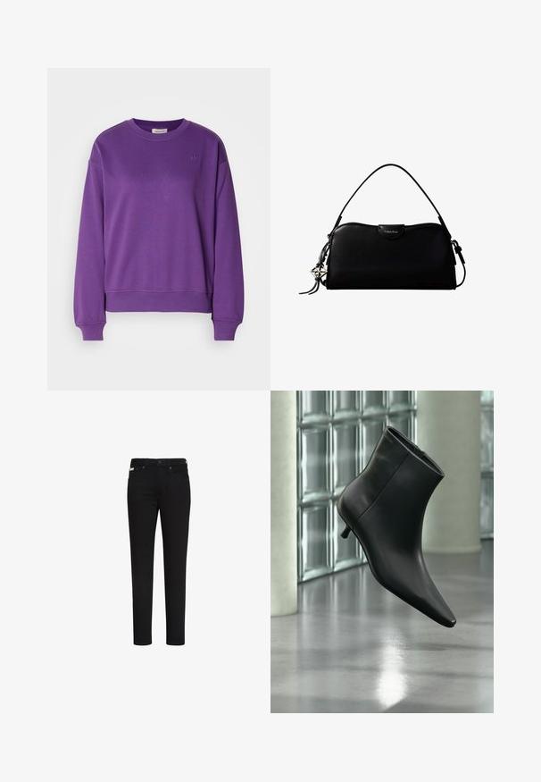 Lila Baumwoll-Sweatshirt mit Rundhalsausschnitt und gerippten Bündchen. Mit einem dezenten gestickten Logo auf der Brust und einem lockeren Schnitt.; Schwarze Slim-Fit-Jeans mit Knopf und Reißverschluss vorne, mit Vorder- und Gesäßtaschen und einem kleinen Etikett an der rechten vorderen Tasche.; Schwarzer Leder-Stiefelette mit spitzer Zehenpartie und niedrigem Kitten-Heel, schräg dargestellt vor einem polierten Boden und einer Glasbausteinwand.; Schwarze, rechteckige Calvin Klein Handtasche mit einem einzelnen Tragegriff oben, silbernem Logo-Anhänger und kleinem Klappverschluss auf der Vorderseite.
