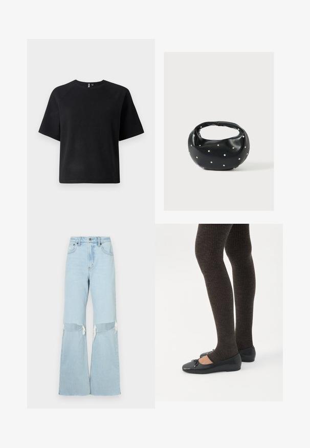 Must have musta lühikeste varrukatega t-särk, mis on valmistatud pehmest kangast, klassikalise ringkaelusega ja lõdva istuvusega raglan varrukatega.; Heledad sinise teksariidest laiad püksid, millel on põlvekärped, niristavad servad ja kõrge vöökoht. Omab ees nuppude ja tõmbluku sulgemist ning klassikalist viit taskut.; Jalad seljas tumedad soonelises soonelises kombines mustade baleriinadega, millel on väikesed paelade detailid valgel taustal.; Mustast nahast ümmarguse kujuga käekott, kaunistatud hõbedaste naeladega, lühikese sangaga. Sile tekstuur ja tõmblukuga sulgemine.