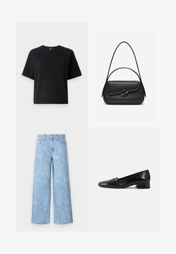 Schwarzes T-Shirt mit kurzen Ärmeln aus einem weichen Stoff, mit einem klassischen Rundhalsausschnitt und einer entspannten Passform mit Raglanärmeln.; Helleblaue weite Jeans mit einem verblassten floralen Muster, fünf Taschen und einem Knopfverschluss an der Taille. Denimstoff mit leichtem Textur.; Schwarze Lackleder-Ballettschuhe mit spitzem Zehenbereich, niedrigem quadratischem Absatz und einem kleinen metallischen Schnallenakzent am Riemen. Glatte Textur.; Schwarze Lederhandtasche mit abgerundeten Kanten, asymmetrischem Überschlag, metallfarbenem runden Verschluss und kurzen sowie langen Schulterriemen.