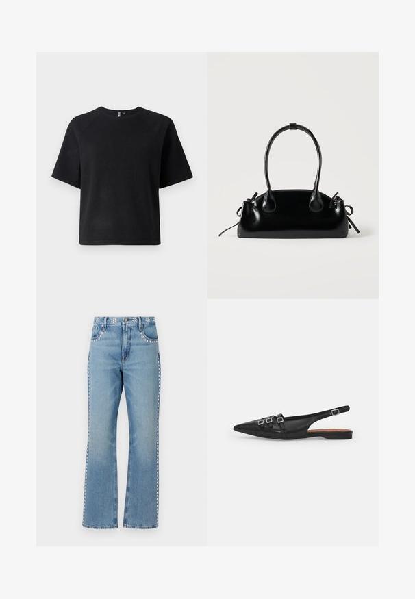 Camiseta negra de manga corta hecha de una tela suave, con un clásico cuello redondo y un ajuste relajado con mangas ranglan.; Good American GOOD ICON STUDDED - Vaqueros rectos - indigo; Zapato plano slingback de cuero negro con puntera puntiaguda, que presenta dos correas horizontales y hebillas plateadas cuadradas, tacón bajo y textura suave.; Pequeño bolso negro brillante con dos asas largas y detalles de cordón lateral sobre un fondo claro liso.