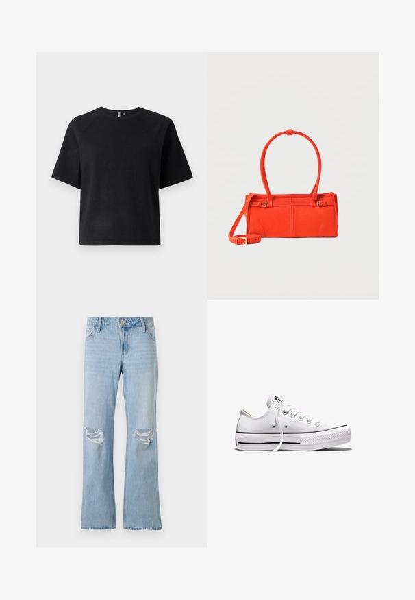 T-shirt noir à manches courtes en tissu doux, avec un col ras du cou classique et une coupe décontractée avec des manches raglan.; Jean en denim bleu clair avec une coupe droite, présentant deux déchirures au niveau des genoux, une fermeture à bouton en métal et cinq poches.; Baskets basses en toile blanche avec lacets blancs, semelle en caoutchouc, détails à rayures noires, et écusson logo sur la languette et le talon.; Petit sac à main rectangulaire orange avec double poignée, bandoulière longue amovible et détails à boucle sur un fond clair.