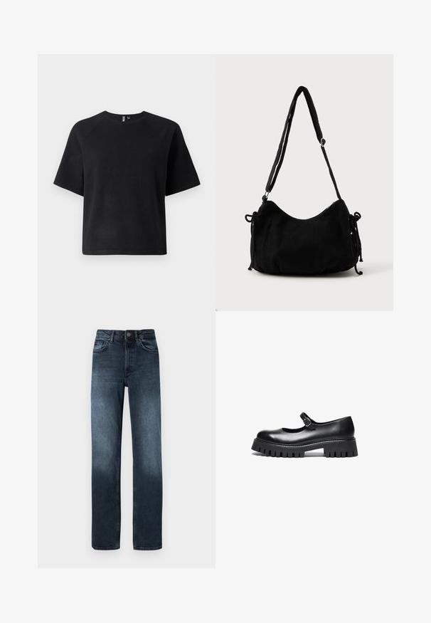 T-shirt noir à manches courtes en tissu doux, avec un col ras du cou classique et une coupe décontractée avec des manches raglan.; Jean en denim bleu foncé avec une coupe droite, cinq poches et une fermeture à bouton à l'avant. Présente des détails de décoloration près de l'ourlet.; Chaussure Mary Jane en cuir noir, avec un bout rond, une sangle à la cheville et une semelle en caoutchouc épaisse présentant des détails nervurés.; Sac à épaule en velours côtelé noir avec une forme courbée, bandoulière réglable et fermetures à cordon des deux côtés pour un ajustement de taille.
