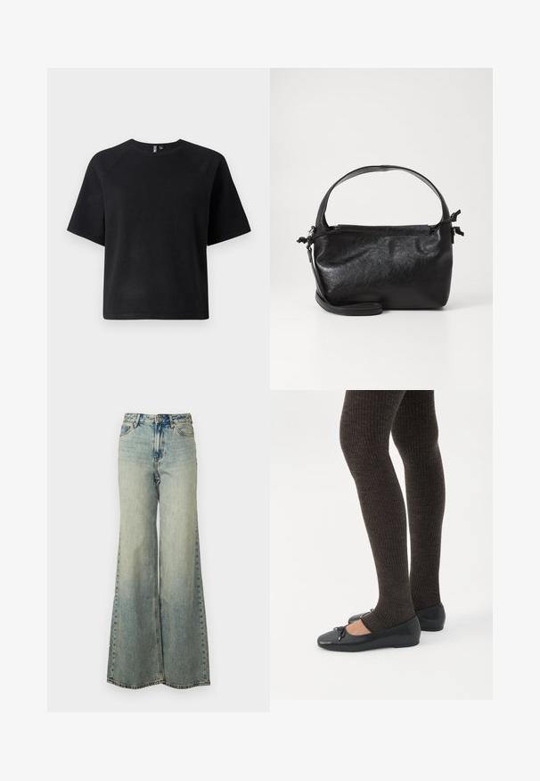 Sort kortærmet t-shirt lavet af et blødt stof, med en klassisk rund hals og en afslappet pasform med raglanærmer.; Lyseblå vide jeans lavet af denim, med høj talje, bleget vask og sidelommer med synlige stikninger.; Ben iført mørke ribbede leggings kombineret med sorte balletsko med små sløjfedetaljer på hvid baggrund.; Sort læderhåndtaske med et struktureret design, rund tophåndtag og aftagelig skulderrem. Den har en glat tekstur og en subtil glans.