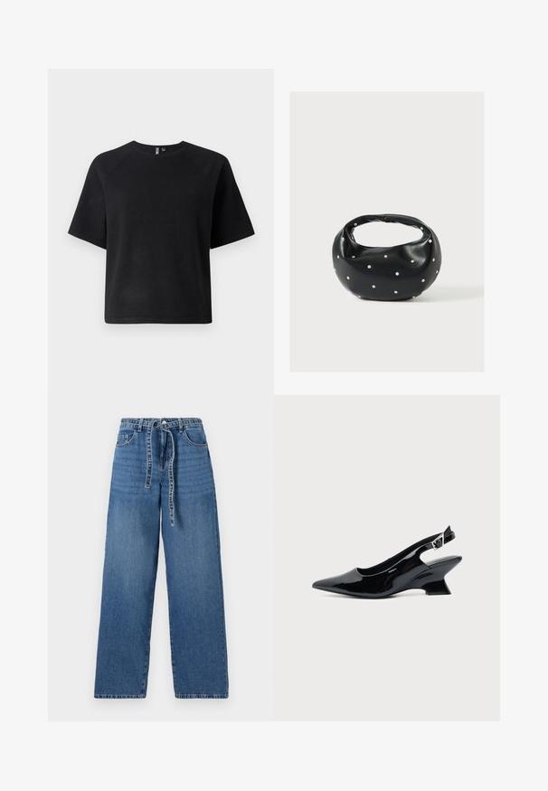 Zwarte t-shirt met korte mouwen, gemaakt van een zachte stof, met een klassieke ronde hals en een relaxte pasvorm met raglanmouwen.; Lichtblauwe denim wide-leg jeans met een hoge taille, voorzien van een striksluiting, twee voorzakken en een licht vervaagd patroon.; Zwarte lakleren slingback schoen met spitse neus en lage schuine blokhak op een effen lichte achtergrond.; Zwarte leren handtas met een afgeronde vorm, versierd met zilveren studs, en een korte handgreep. Gladde textuur en ritsluiting.