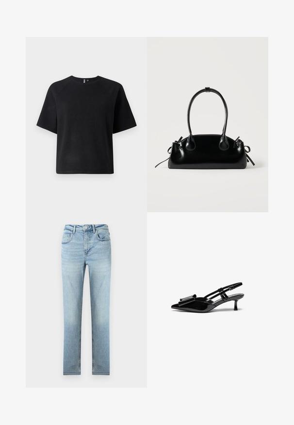 Sort kortærmet t-shirt lavet af et blødt stof, med en klassisk rund hals og en afslappet pasform med raglanærmer.; Lyseblå højttaljede jeans med lige ben, front- og baglommer, knaplukning og diskret falmning på lår og knæ.; Sorte patenterede læderslingbacks med spids tå, en sløjfedetalje foran og en lille stilettohæle. Remmene har justerbare spænder.; Lille sort blank håndtaske med to lange håndtag og snøre-detaljer i siden på en ensfarvet lys baggrund.