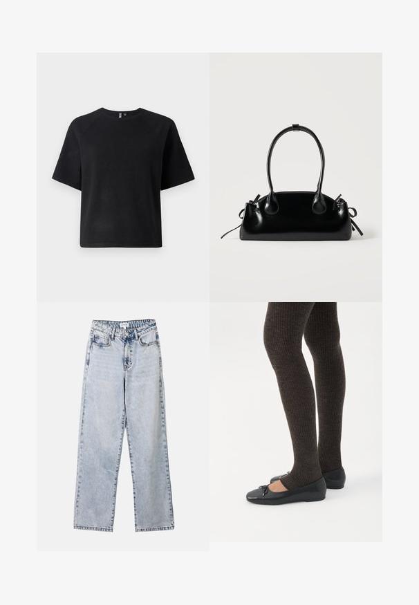 T-shirt noir à manches courtes en tissu doux, avec un col ras du cou classique et une coupe décontractée avec des manches raglan.; Jean droit bleu clair en denim, doté de deux poches avant, d'une fermeture à bouton et de coutures contrastées le long des coutures.; Jambes portant des leggings côtelés foncés associés à des ballerines noires avec de petits détails en nœud sur fond blanc.; Petit sac à main noir brillant avec deux longues anses et des détails à cordon sur les côtés sur un fond clair uni.