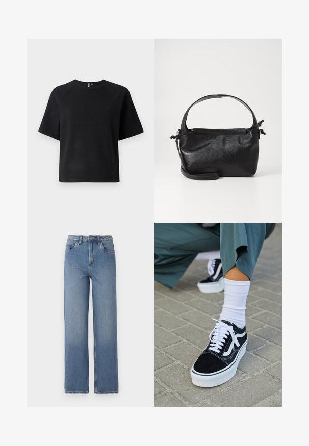 Must have musta lühikeste varrukatega t-särk, mis on valmistatud pehmest kangast, klassikalise ringkaelusega ja lõdva istuvusega raglan varrukatega.; Kõrge vöökohaga sinised denim püksid sirge säärega. Omavad klassikalist viie tasku disaini ja peent pleekimist esiküljel.; Mustjad sametist tennisjalanõud valgete aktsentide ja nööridega, millel on paks valge tald ja kontrastsed õmblused, koos valge sokiga.; Must mustrikujundusega must nahast käekott, ümarate pealmiste käepidemete ja eemaldatava õlalihaga. Omab siledat tekstuuri ja peent sära.