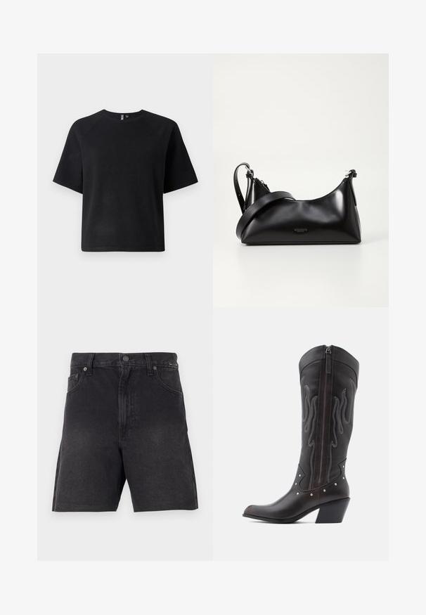 T-shirt noir à manches courtes en tissu doux, avec un col ras du cou classique et une coupe décontractée avec des manches raglan.; Shorts en denim noir à coupe droite, avec fermeture à bouton, poches avant et un tissu texturé. Design minimaliste, sans motifs visibles.; Bottes de cowboy en cuir marron avec surpiqûres en forme de flammes, fermeture éclair latérale, clous argentés, bout pointu et talon superposé.; Sac à main en cuir noir avec une texture lisse. Dispose d'une bandoulière adjustable et d'un design élégant et minimaliste avec une fermeture éclair.