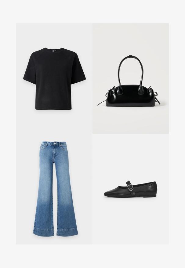 Schwarzes T-Shirt mit kurzen Ärmeln aus einem weichen Stoff, mit einem klassischen Rundhalsausschnitt und einer entspannten Passform mit Raglanärmeln.; Helle blaue Denim-Jeans mit weitem Bein, hoher Taille und leichter Ausbleichung. Verfügt über klassisches Fünf-Taschen-Design und Metallknopfverschluss.; Schwarzer Lederflatschuh mit runder Zehenform, einem verstellbaren Schnallenriemen und einer glatten, glänzenden Oberfläche. Minimalistisches Design mit einem niedrigen Absatz.; Kleine schwarze glänzende Handtasche mit zwei langen Griffen und seitlichen Kordelzug-Details vor einfachem hellem Hintergrund.