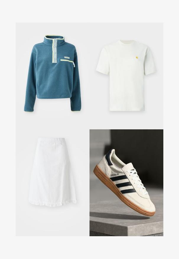 Teal fleece-pullover med høj krave, der har en fire-knaps placket, en lynlåslomme på brystet og lysegrønne accenter langs kraven.; Hvid kortærmet t-shirt med rund hals og et lille gult logo på venstre bryst, vist mod en ensfarvet baggrund.; Hvid nederdel med elastisk talje, der har et tekstureret mønster og en flæset snit i bunden. Enkel A-formet design.; Hvide ruskinds sneakers med marineblå striber, gummisål, struktureret overdel, rund tå og snøring; har branding på siden og tungen.