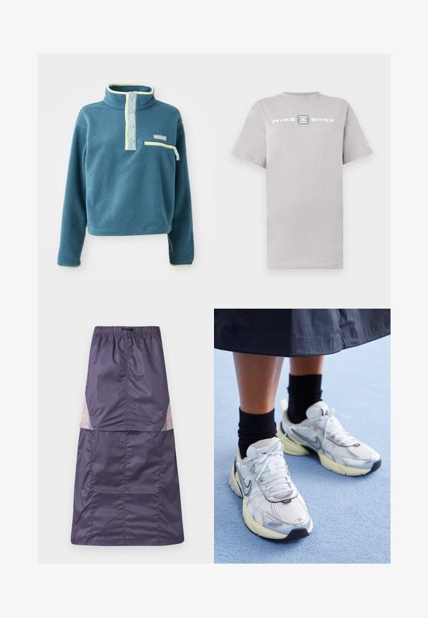 Teal fleecetrui met hoge kraag, voorzien van een vierknops knoopsluiting, een ritssluiting op de borst en lichtgroene accenten langs de kraag.; Lichtgrijs katoenen T-shirt met een ronde hals en korte mouwen, met "NIKE SHOX" in dikke witte letters gedrukt over de borst.; Paarse nylon rok met een elastische tailleband, voorzien van kleurvlakpanelen in roze en groen, en een klein wit logo op het bovenste gedeelte.; Witte en zilveren Nike sneakers van meshstof, met reflecterende accenten en een beige zool. Gedragen met zwarte sokken, staand op een blauwe ondergrond.