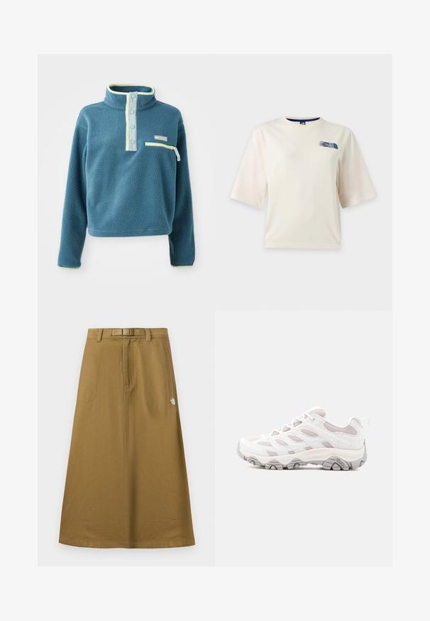Teal fleecetrui met hoge kraag, voorzien van een vierknops knoopsluiting, een ritssluiting op de borst en lichtgroene accenten langs de kraag.; Wit T-shirt met korte mouwen met een klein blauw The North Face-logo op de bovenste linkerborst.; Lange, beige buitenrok met voorzakken, geïntegreerde riem en het The North Face-logo aan de rechterkant.; Lichtgrijze wandelschoen met een gestructureerd bovenwerk, meshpanelen en een rubberen zool. Voorzien van een opvallend vetersysteem en Merrell-logo aan de zijkant.