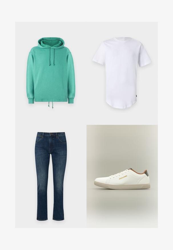 Mintgroene hoodie van zachte stof met een relaxte pasvorm, voorzien van een ruime halslijn, koordjes en geribde manchetten.; Witte katoenen t-shirt met korte mouwen. Rond de hals ontwerp met een gebogen zoom. Label zichtbaar aan de onderste linkerzijde. Gladde textuur.; Donkerblauwe denim jeans met een slanke pasvorm en rechte pijpen. Beschikt over vijf zakken en een knoopsluiting. Lichte vervaging op de dijen.; Witte lage sneaker met beige zool, bruine kraag, grijze hieltab, gouden Jack and Jones-logo, van links bekeken op een effen achtergrond.